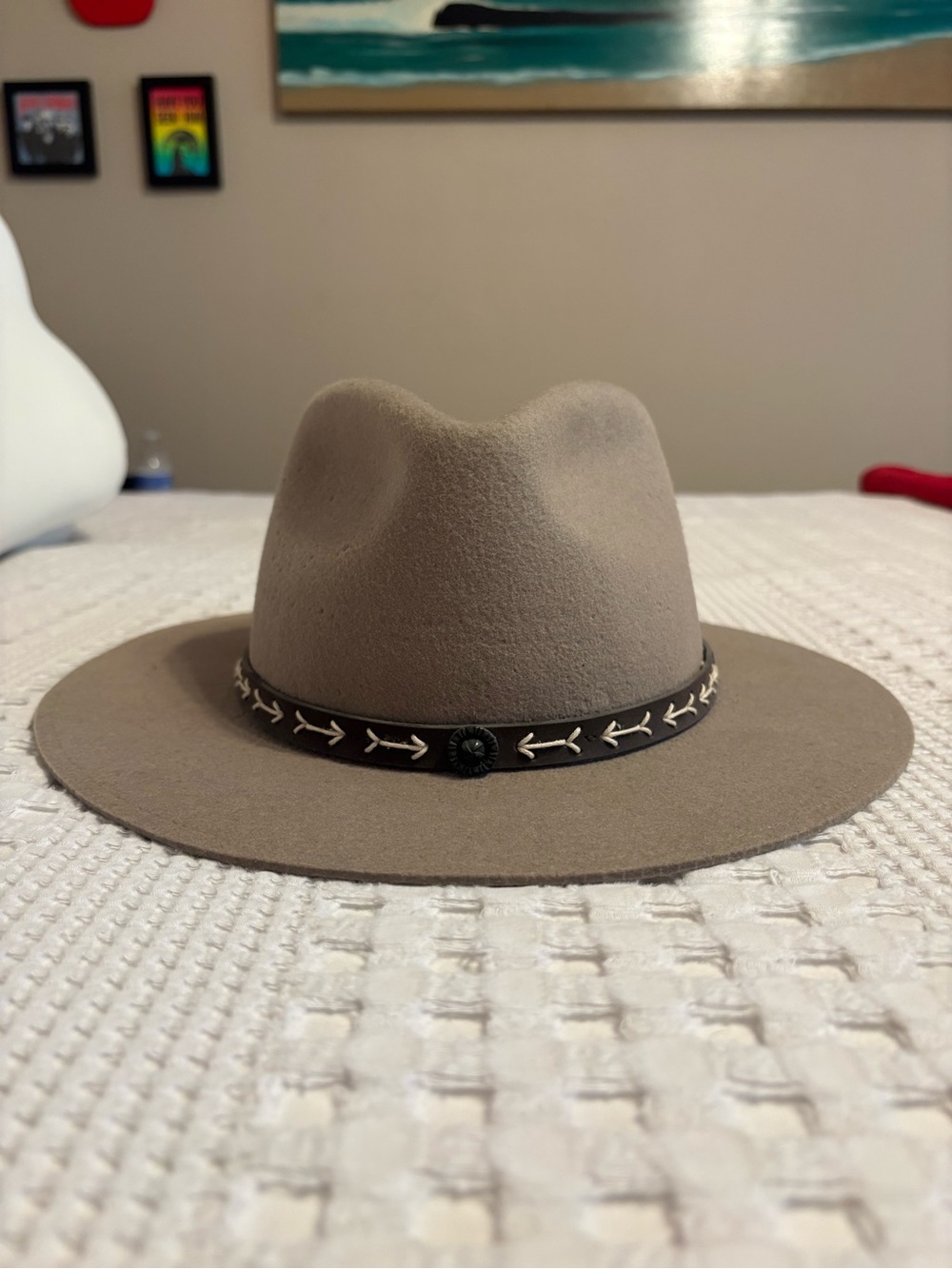 Conner Australia Taupe Wide-Brim Wool Felt Fedora with Arrow-Embellished Band
